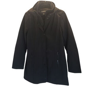 Liz Claiborne Women’s All Weather Coat Medium Black Zip/snaps Hooded Mesh Lining